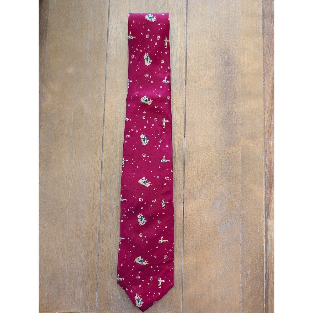 David Lawrence Mens Silk Christmas Tie Santa Sleigh Snowflake Burgundy Red Italy
